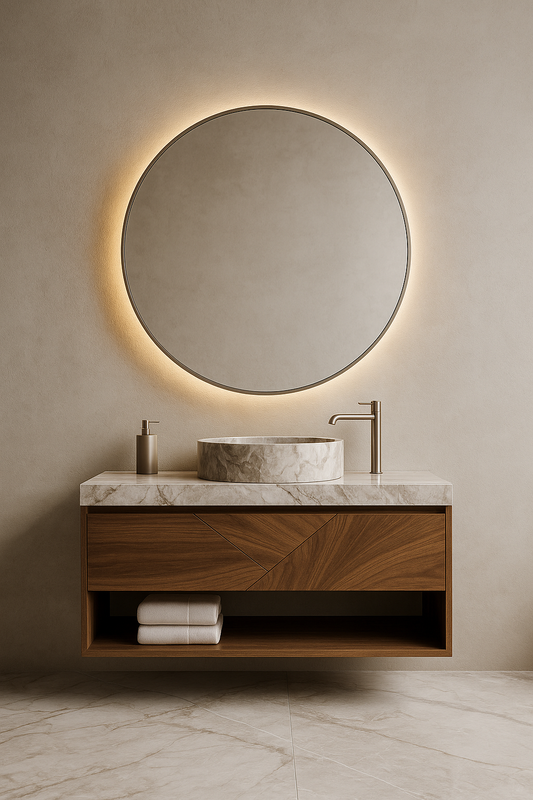 Floating walnut vanity with carved marble basin and circular LED mirror in modern luxury bathroom.
