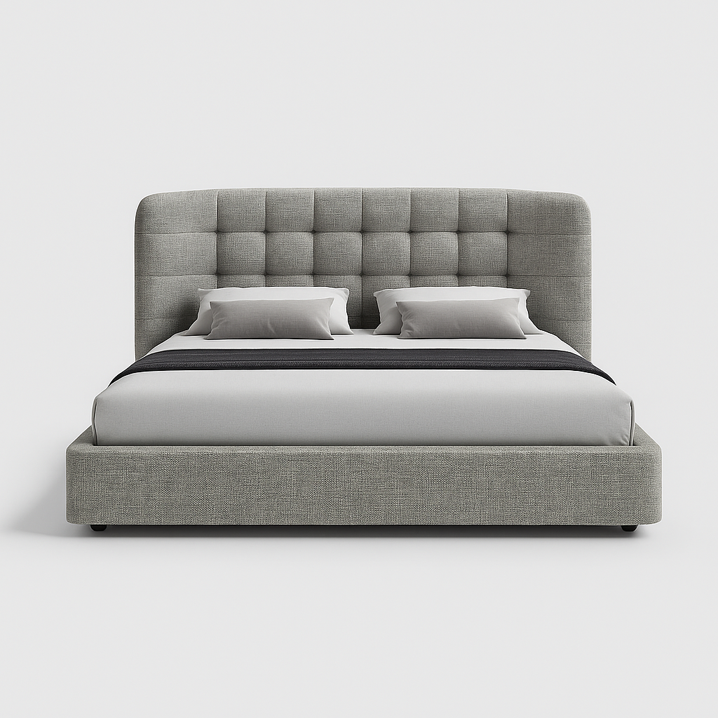 Mason king bed in stone grey fabric with tufted headboard and upholstered base, 195 × 200 cm – The Meem Store