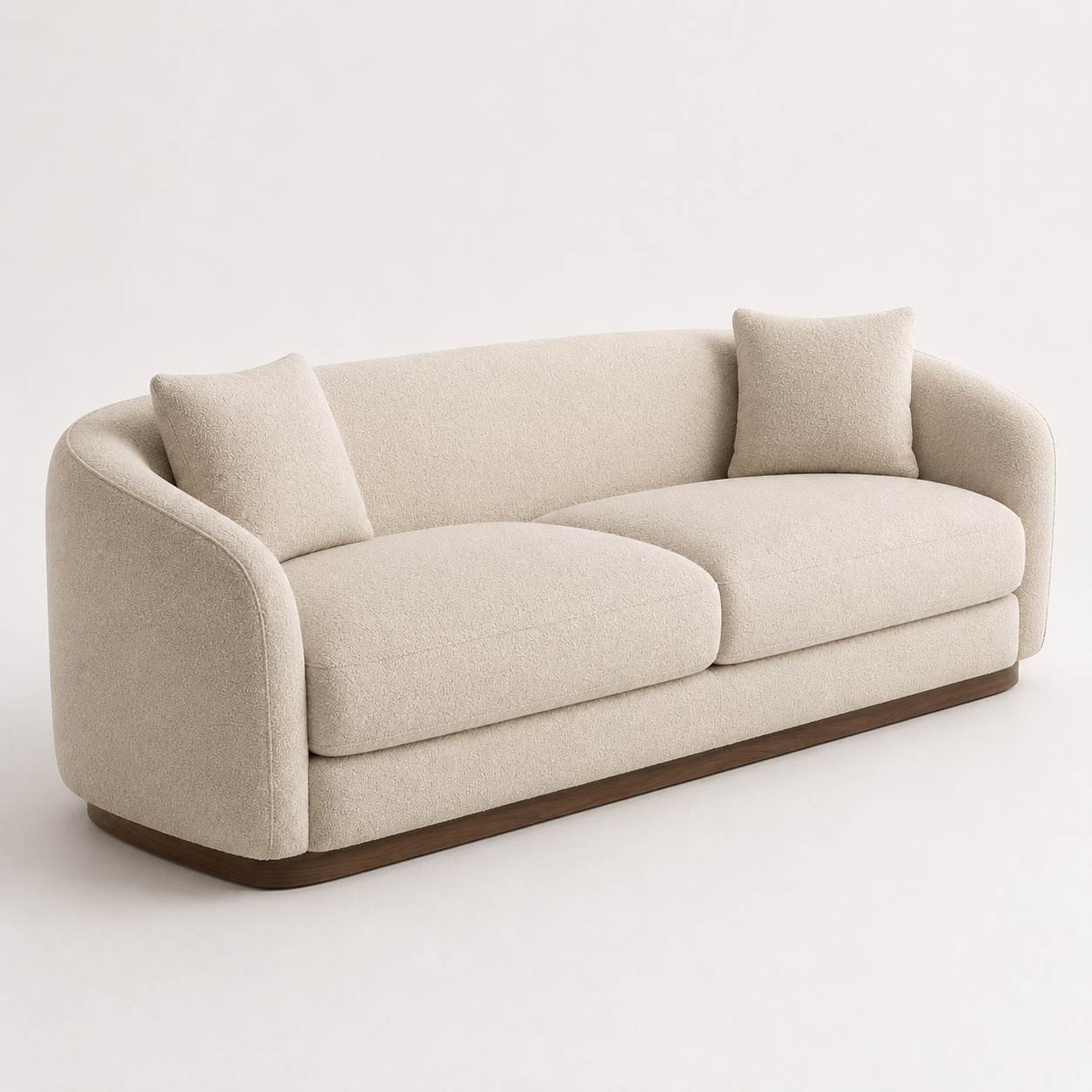 Luxury curved boucle sofa with walnut wood base