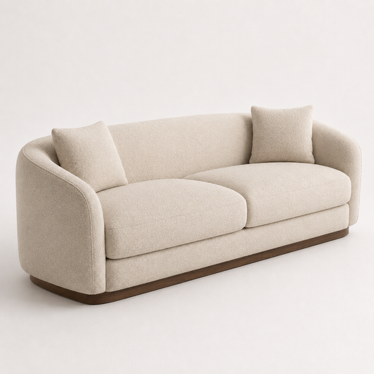 Luxury curved boucle sofa with walnut wood base