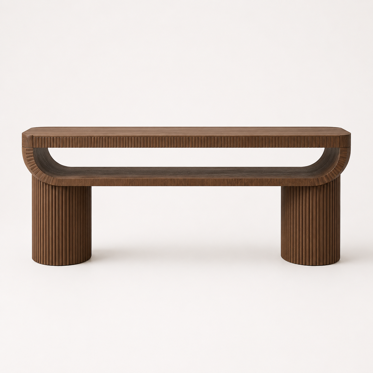 Modern European console with rounded architectural curves and fluted detailing