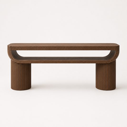 Modern European console with rounded architectural curves and fluted detailing