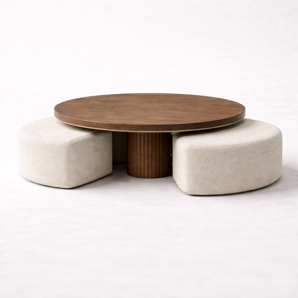 Luxury round walnut ottoman coffee table with boucle seating