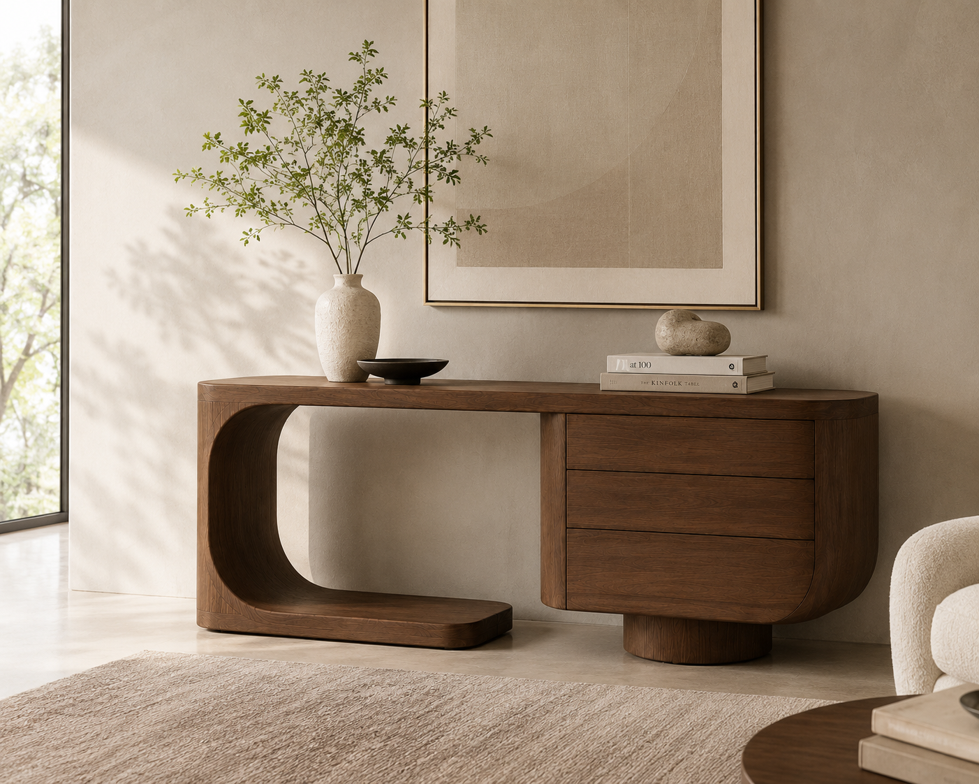 Forma Cavaro sculptural walnut desk console with curved architectural frame