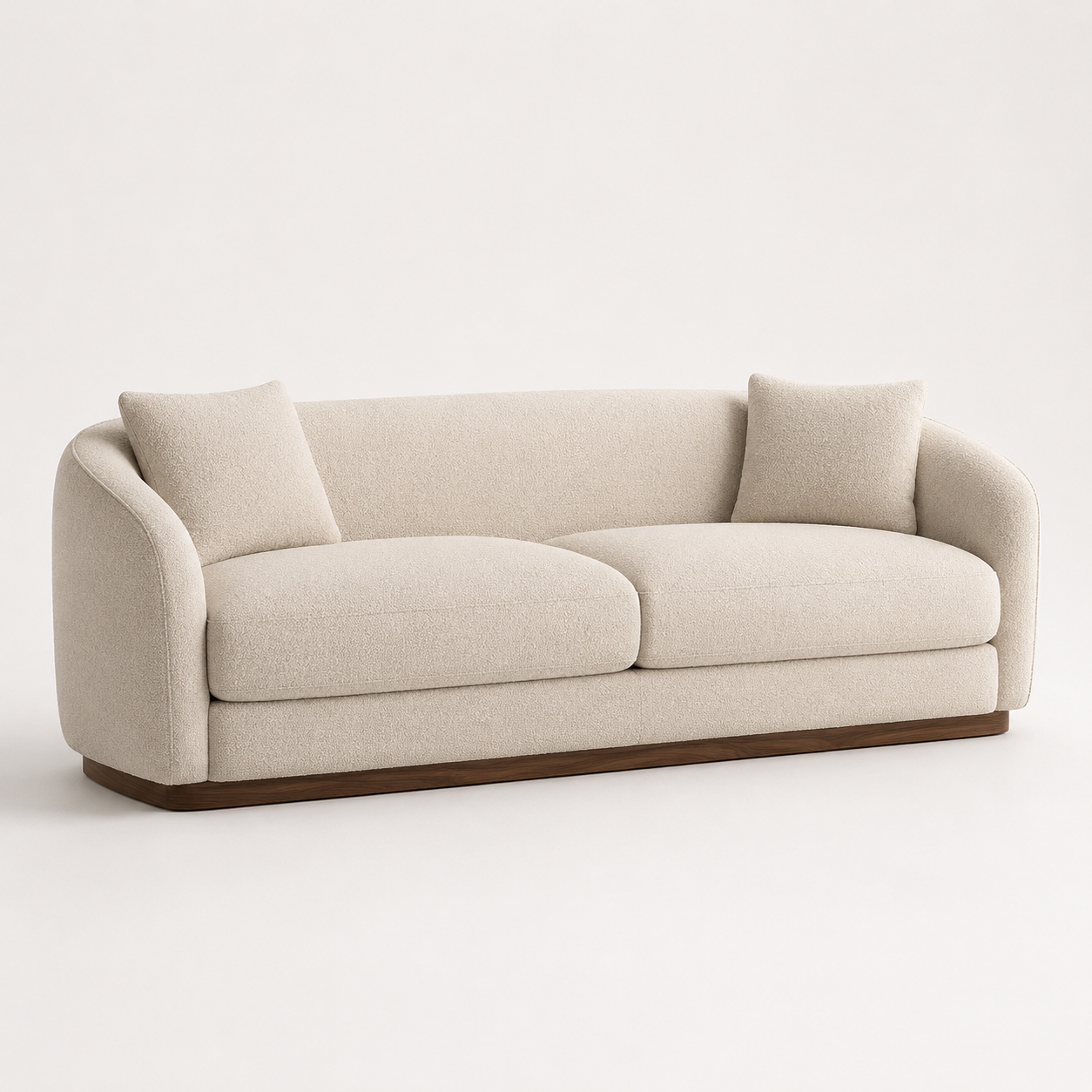 Cream boucle living room sofa with sculptural silhouette
