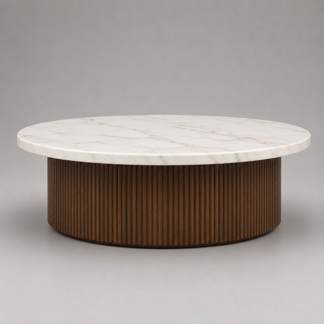 Luxury round marble coffee table with fluted wood base