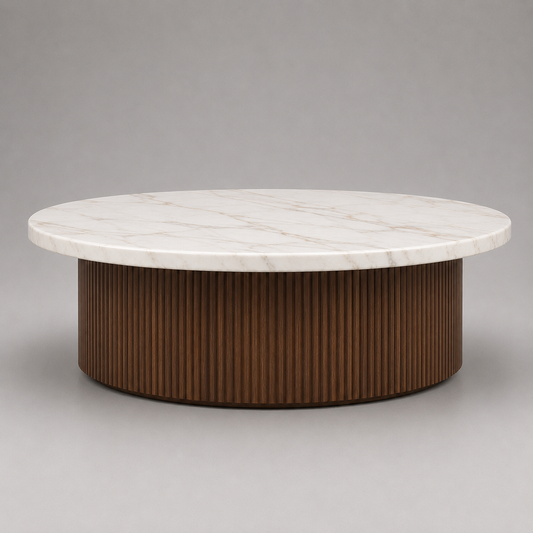 Luxury round marble coffee table with fluted wood base