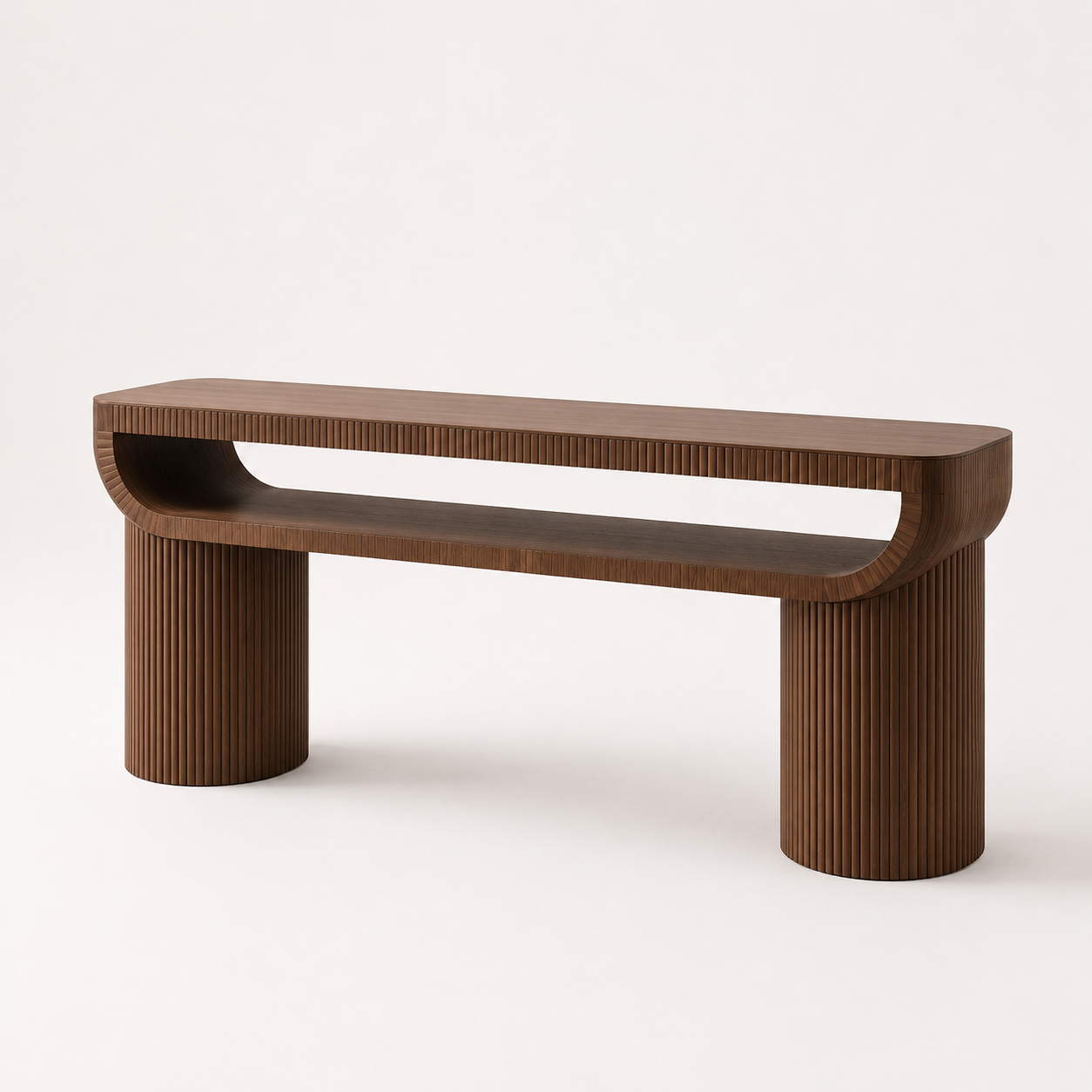 Architectural fluted console table with sculptural open shelf design
