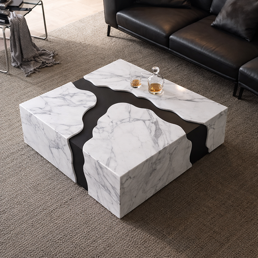 Luxury designer coffee table with sculpted wood inlay modern living room UAE