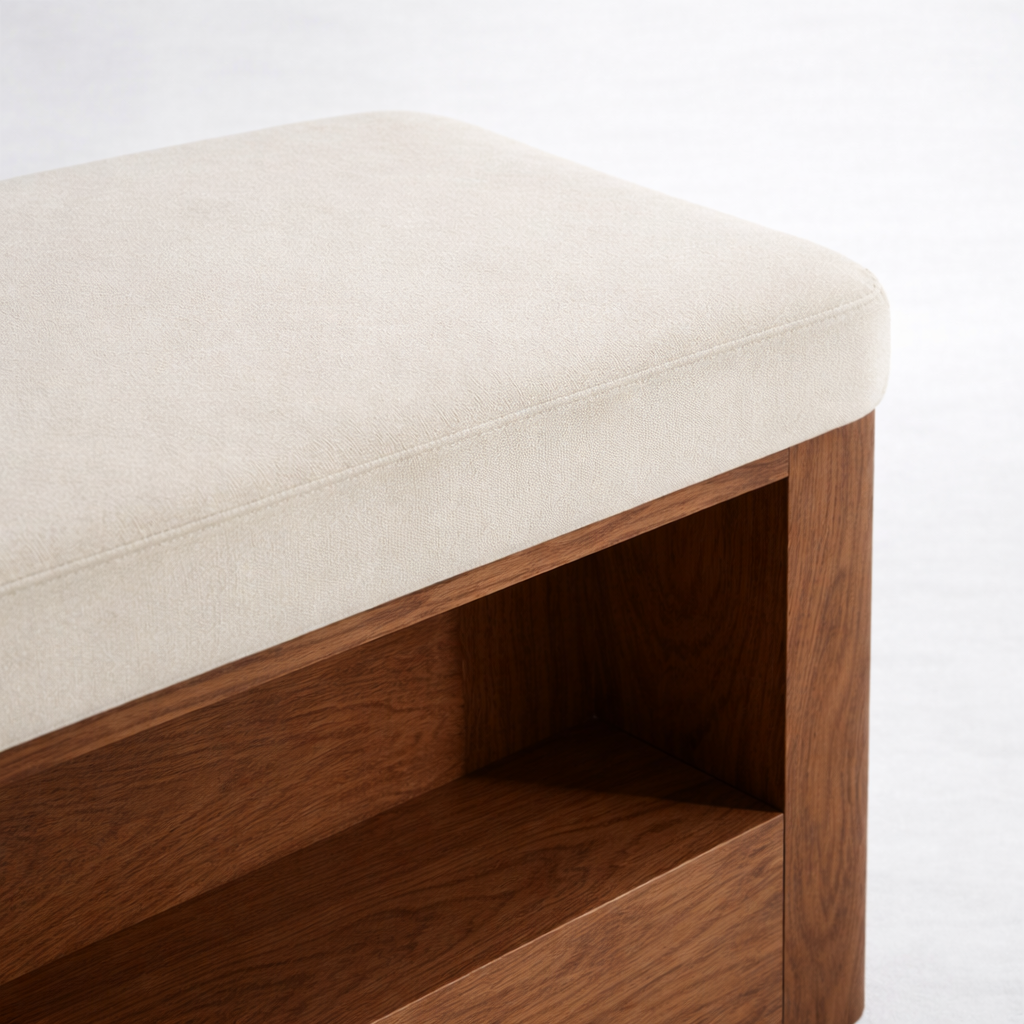 Close-up of cream upholstered sofa with walnut wood frame detail premium majlis seating UAE
