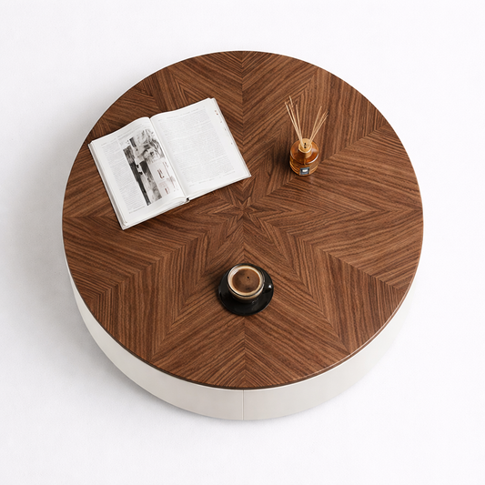 Round walnut veneer coffee table with geometric star inlay pattern luxury living room UAE