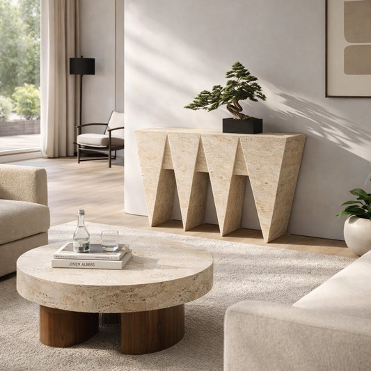Modern full travertine sculptural console table with angular base luxury entryway furniture UAE