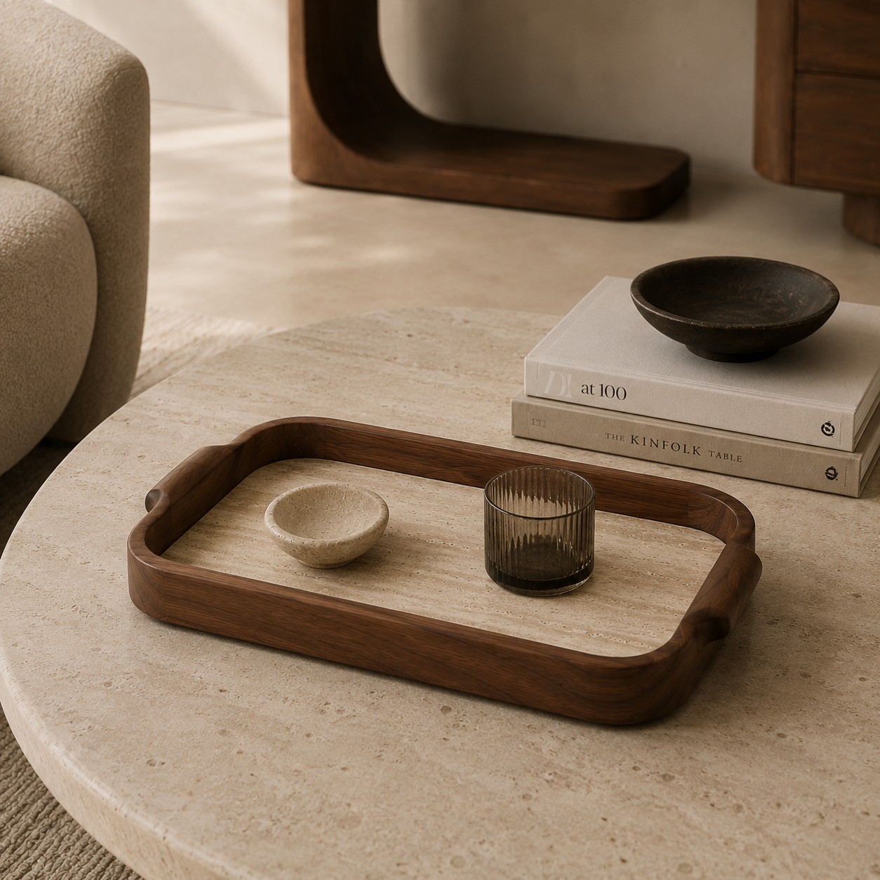 Modern European walnut tray with travertine stone base by The Meem Store
