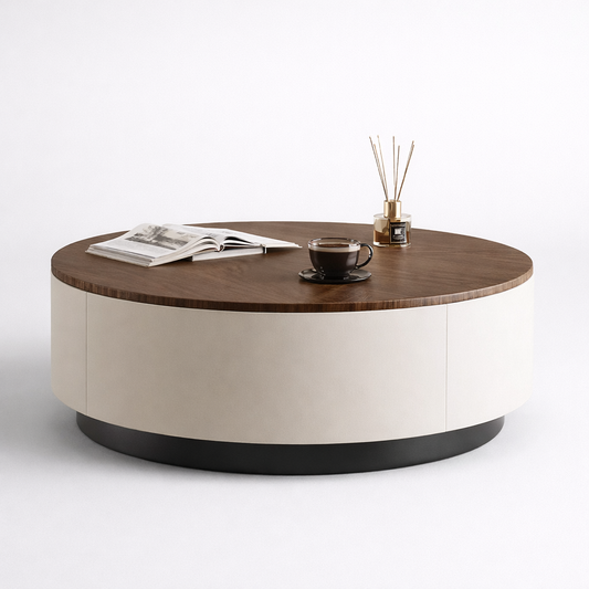Luxury round walnut coffee table with cream cylindrical base modern furniture UAE