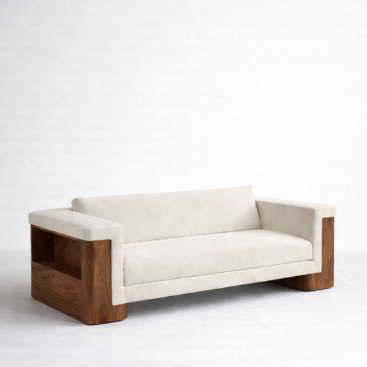 Luxury cream fabric sofa with built-in wooden side shelf modern majlis furniture UAE