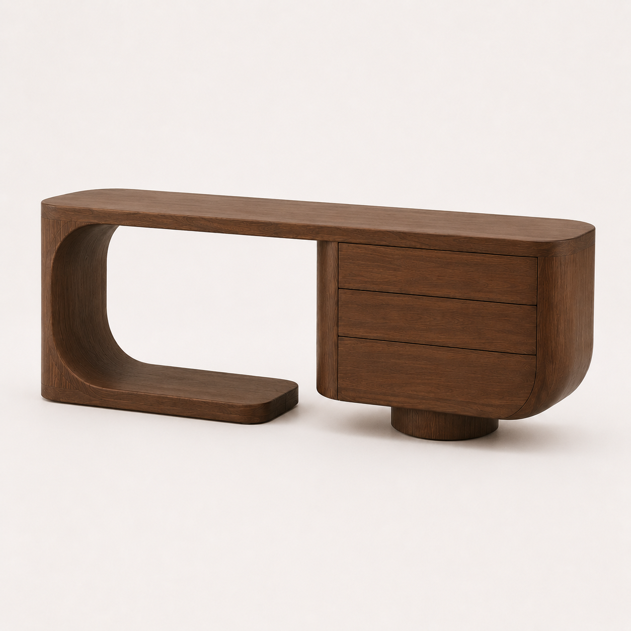Architectural home office desk with sculptural curved support and storage drawers