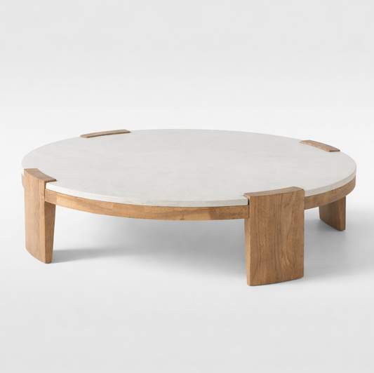 Round natural stone coffee table with solid oak frame minimalist luxury furniture UAE