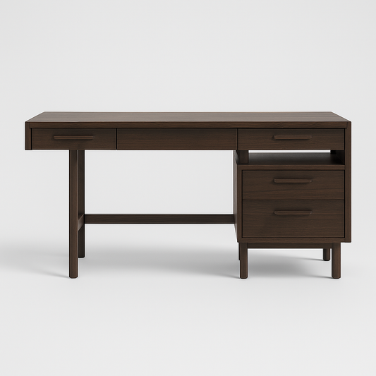 Meridian Executive Desk in dark walnut veneer with drawers and open shelf – The Meem Store