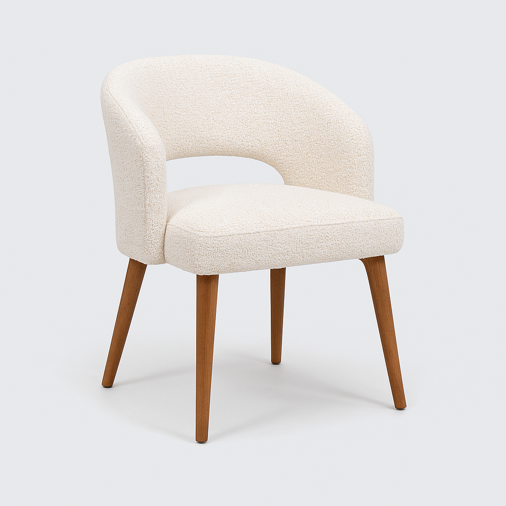 Merisé dining chair in ivory boucle fabric with walnut wood legs – The Meem Store