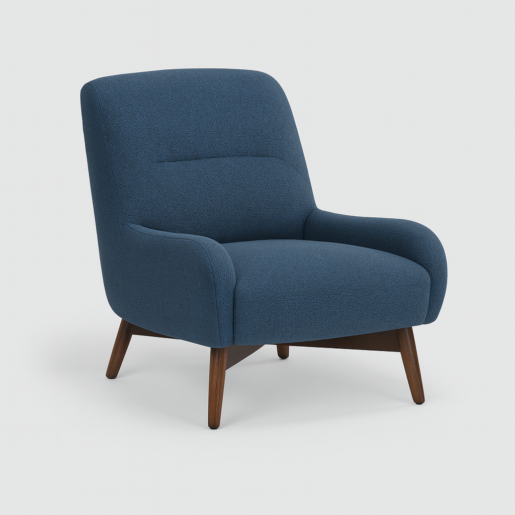 Merivon Armchair in navy blue fabric with walnut legs – The Meem Store