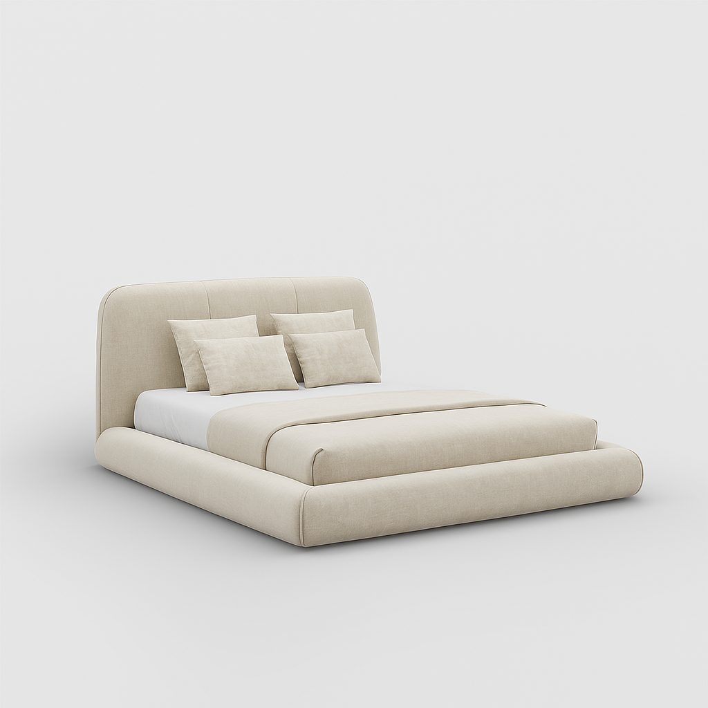 Mira queen bed in sand linen fabric with low-profile curved design, 160 × 190 cm – The Meem Store