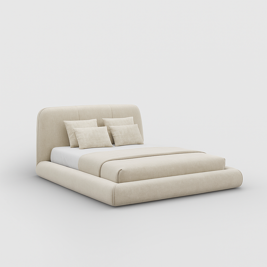 Mira queen bed in sand linen fabric with low-profile curved design, 160 × 190 cm – The Meem Store