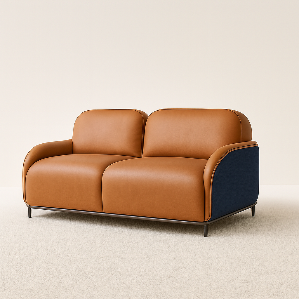 Mirello 2-seater sofa in caramel tan and navy synthetic leather – The Meem Store