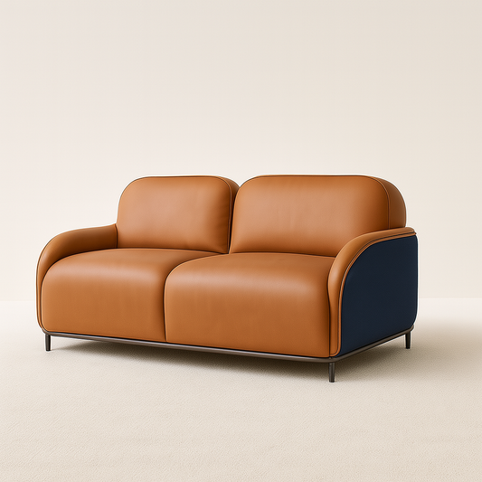 Mirello 2-seater sofa in caramel tan and navy synthetic leather – The Meem Store