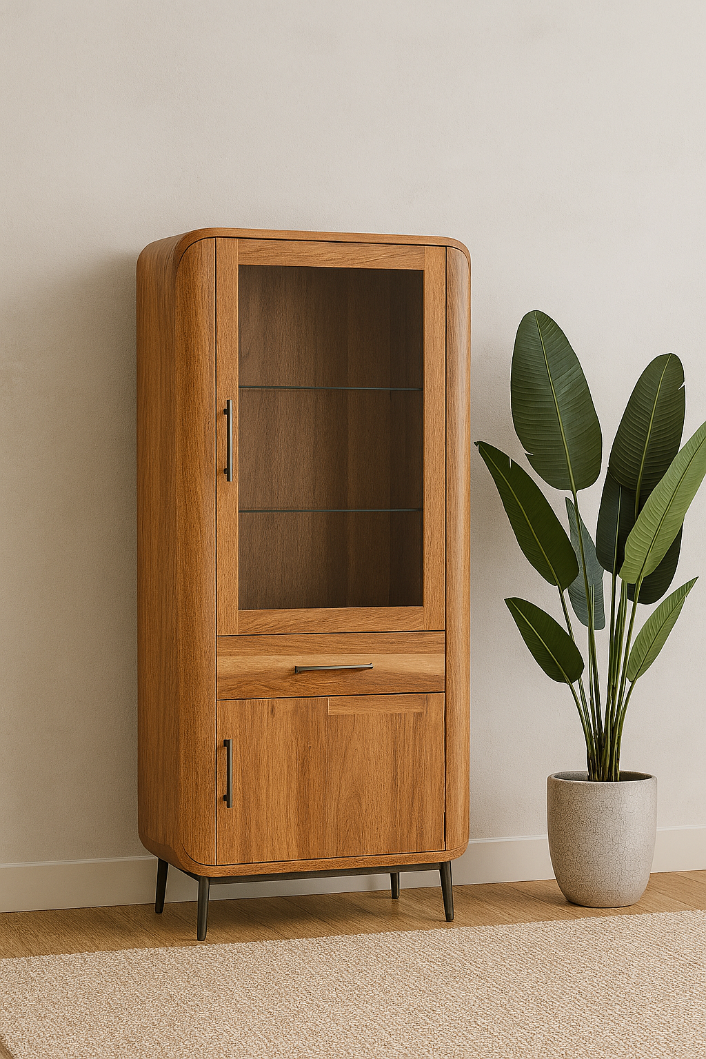 Rounded oak walnut cabinet with upper glass door, center drawer, and slim black legs in modern minimal design