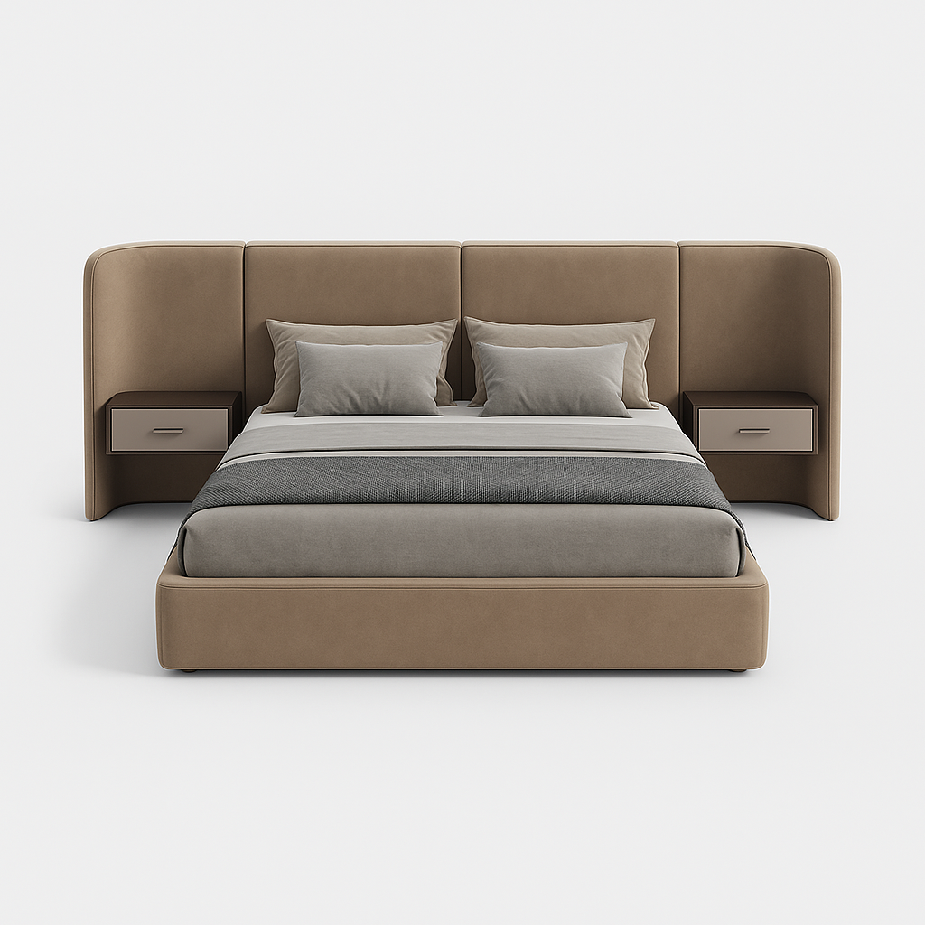 Modena Super King Bed in cappuccino suede with built-in floating nightstands – The Meem Store