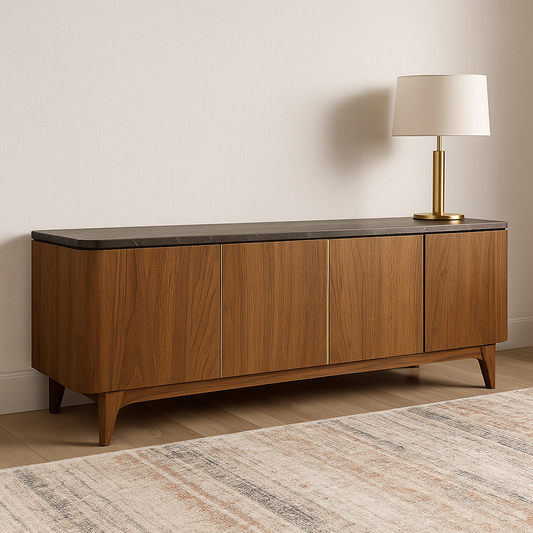 Montaro Marble Media Console with dark marble top and walnut veneer base – The Meem Store
