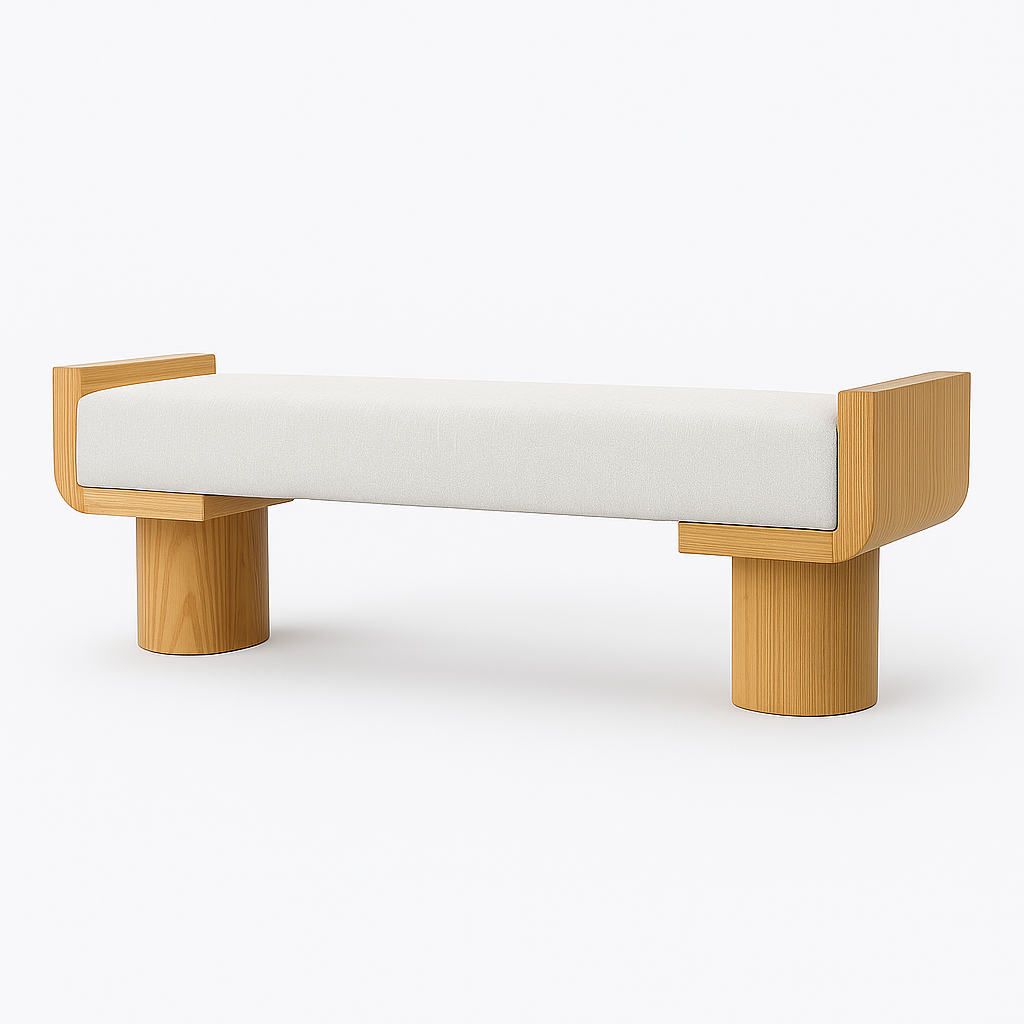 Nerai Bench with solid oak cylindrical legs and cream upholstered seat – The Meem Store