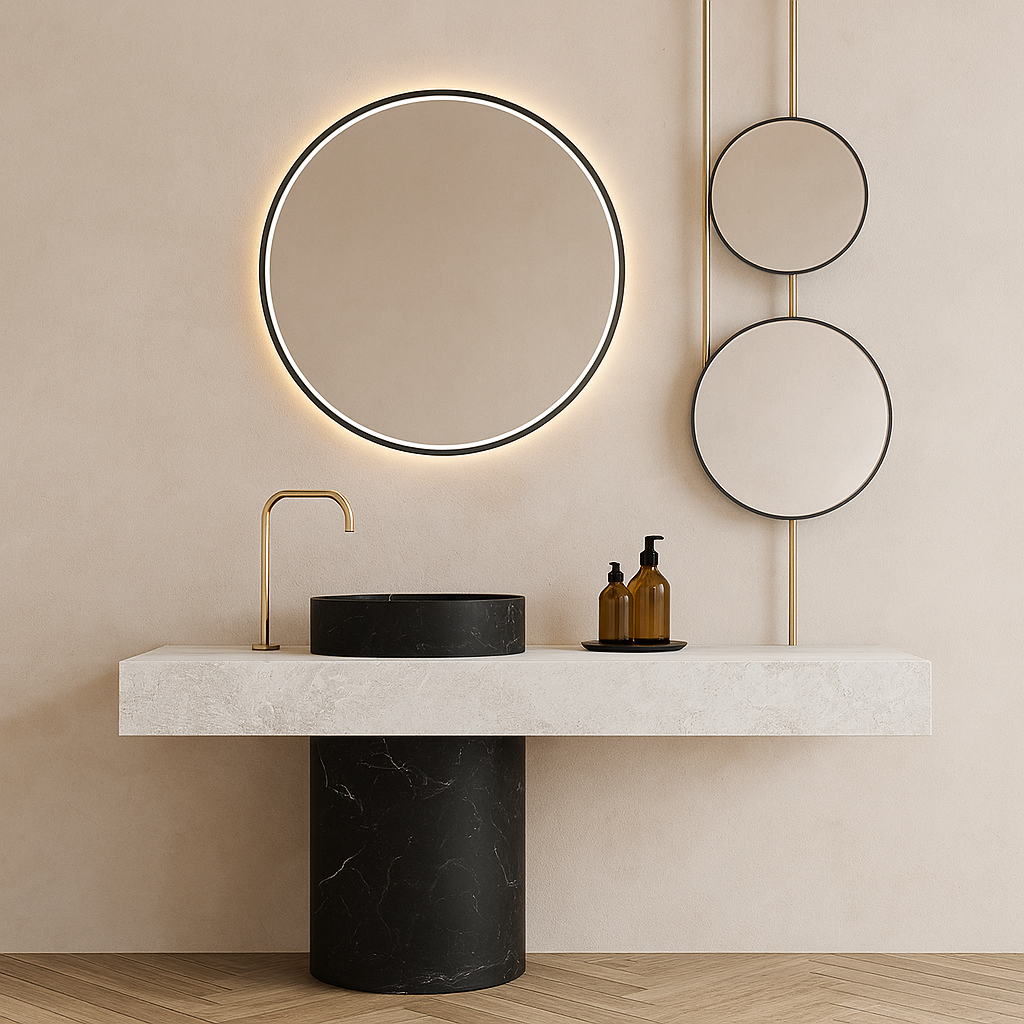 Minimalist vanity with black marble pedestal, ivory stone countertop, and halo-lit mirror.