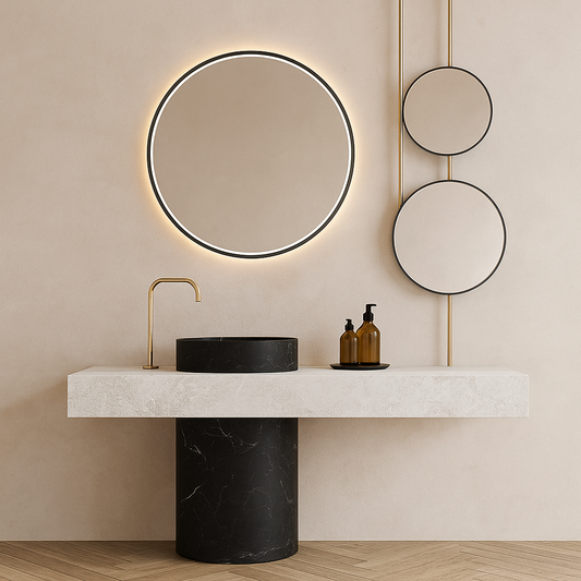 Minimalist vanity with black marble pedestal, ivory stone countertop, and halo-lit mirror.