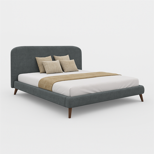 Nero king bed in charcoal fabric with rounded headboard and walnut legs, 195 × 200 cm – The Meem Store