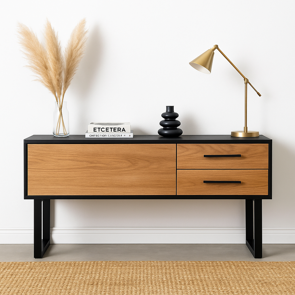 Console Table with natural veneer finish and matte black metal frame – The Meem Store
Second Image: norell-console-table-2-themeemstore.png