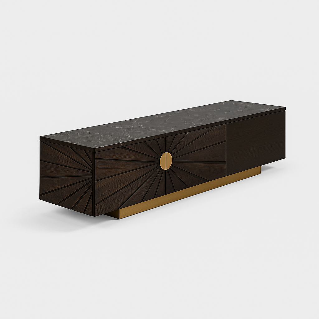 Notturna Aurea Media Console with black marble top, sunburst wooden doors, and gold base – The Meem Store