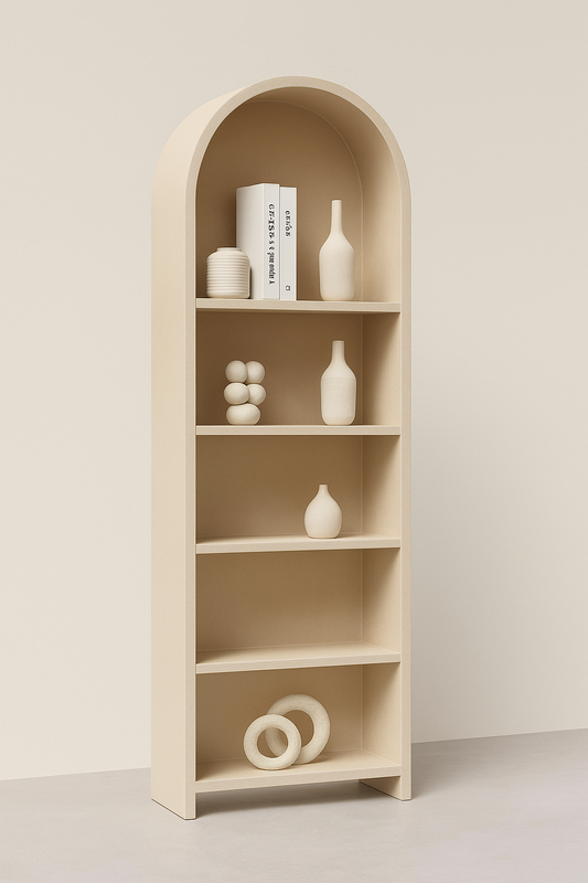 Italian modern arched sand beige wooden display shelf with minimal design and soft matte finish