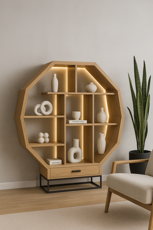 Octagonal oak display shelf with LED backlighting and black metal base in a modern sculptural design