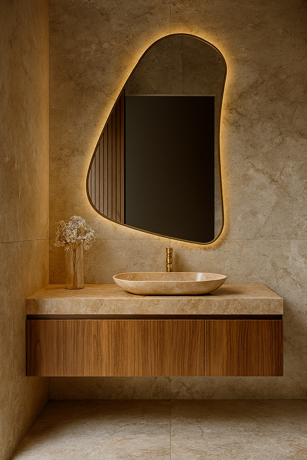 Organic modern vanity with beige stone basin, asymmetric backlit mirror, and walnut cabinet.