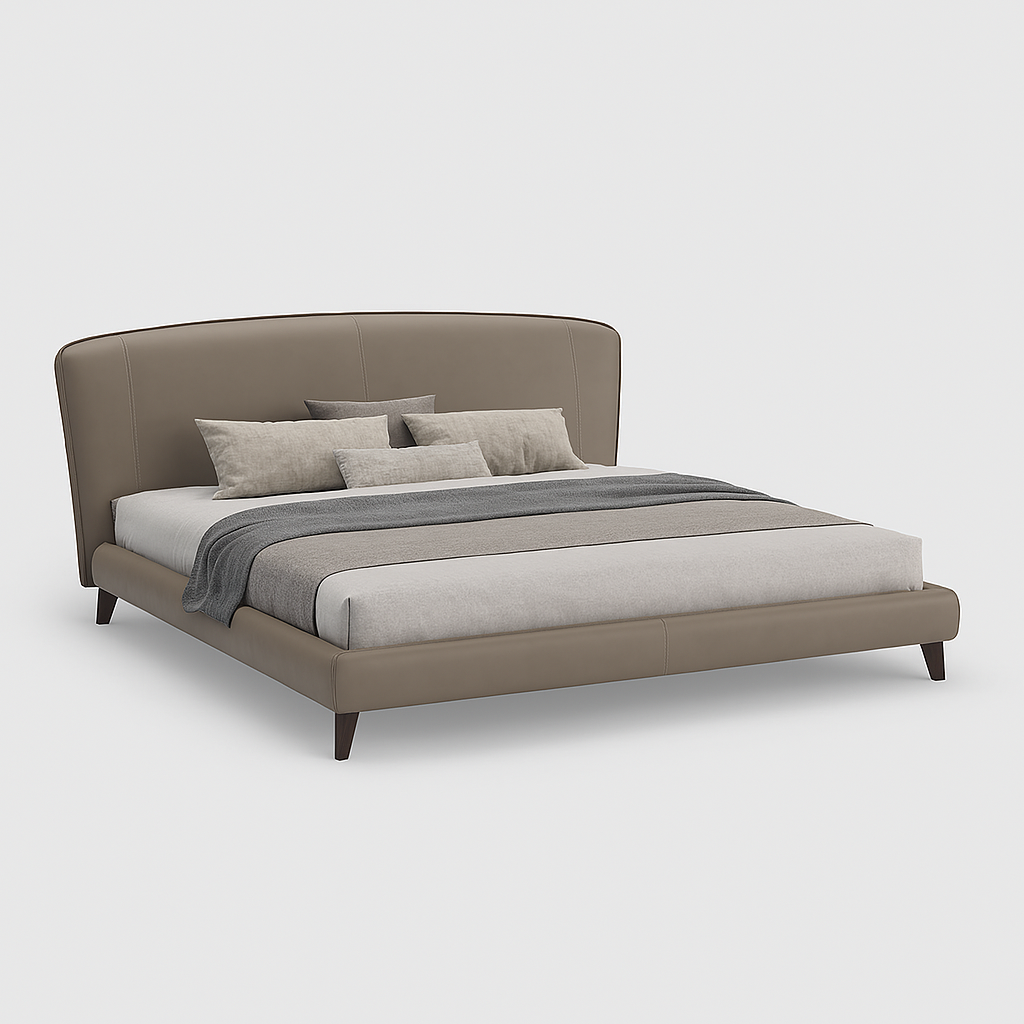Orion king bed in taupe synthetic leather with curved headboard and walnut legs, 195 × 200 cm – The Meem Store