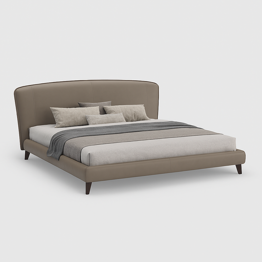 Orion king bed in taupe synthetic leather with curved headboard and walnut legs, 195 × 200 cm – The Meem Store