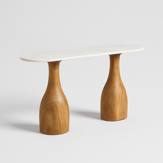 Orlavia Console Table with sculpted twin walnut bases and polished white marble top – The Meem Store