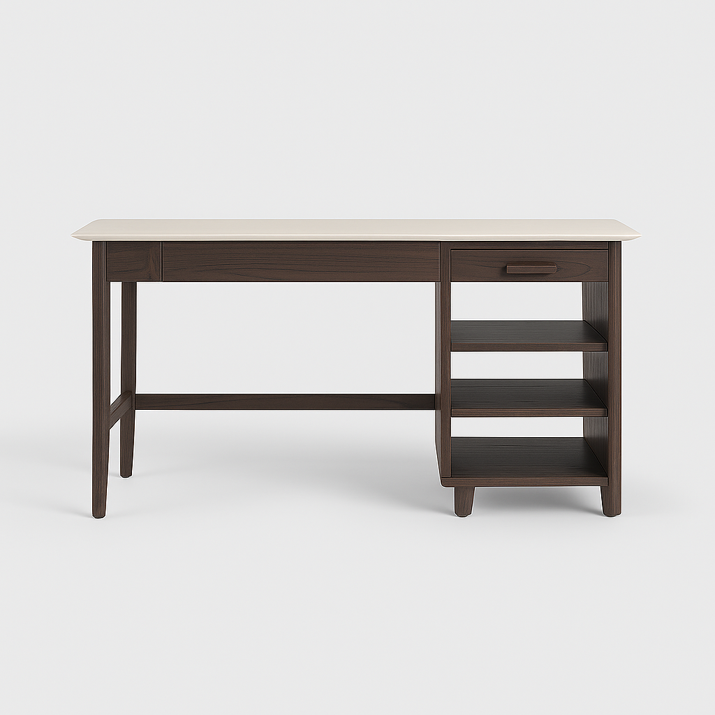 Orvion Marble-Top Desk with dark walnut base and beige marble top – The Meem Store