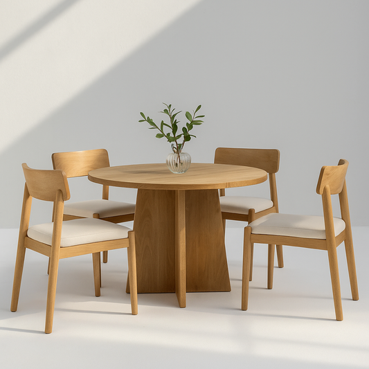 Orvyn Dining Table crafted in solid oak wood with natural matte finish and cross pedestal base – The Meem Store