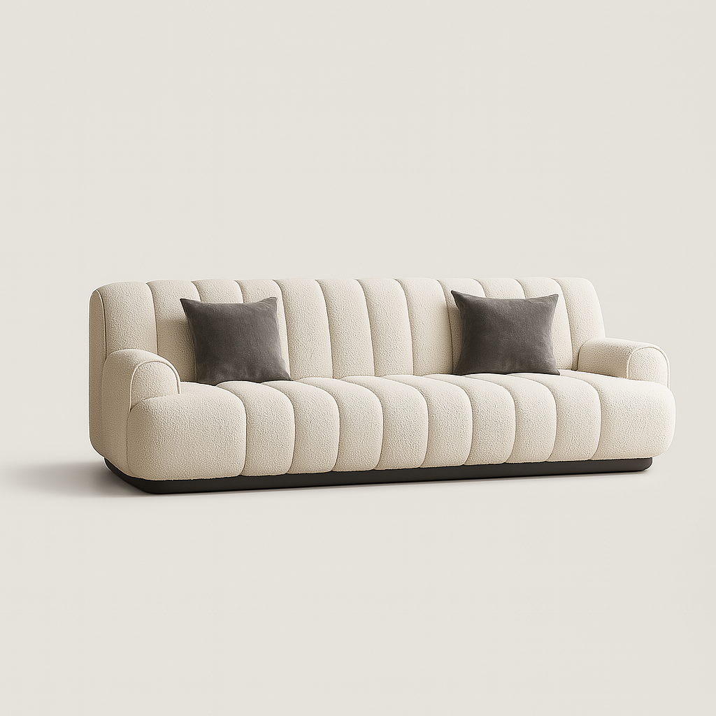Palermo 4-seater sofa in ivory boucle with channel tufting and wooden base – The Meem Store