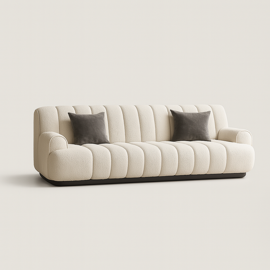 Palermo 4-seater sofa in ivory boucle with channel tufting and wooden base – The Meem Store