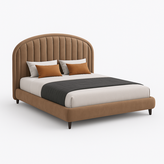 Ardena king bed in camel velvet with arched vertical channel headboard and walnut wood legs, 195 × 200 cm – The Meem Store