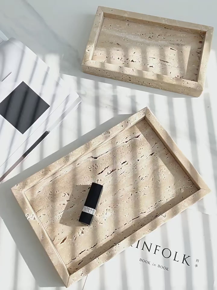 Load video: Travertine marble tray and jewelry box by The Meem Store — luxury handcrafted decor in Dubai.