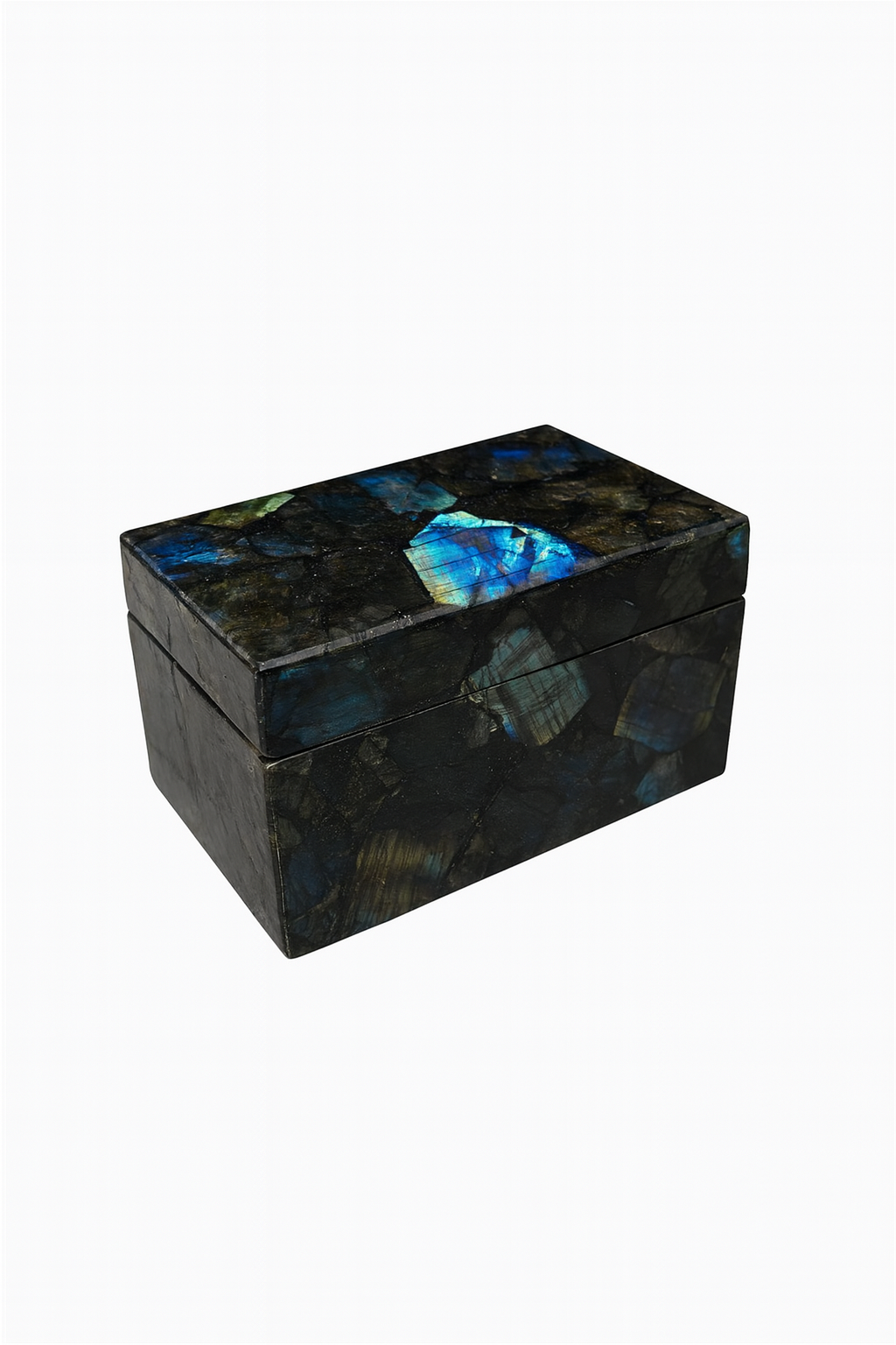 Natural labradorite gemstone casket with iridescent blue–green flashes – The Meem Store